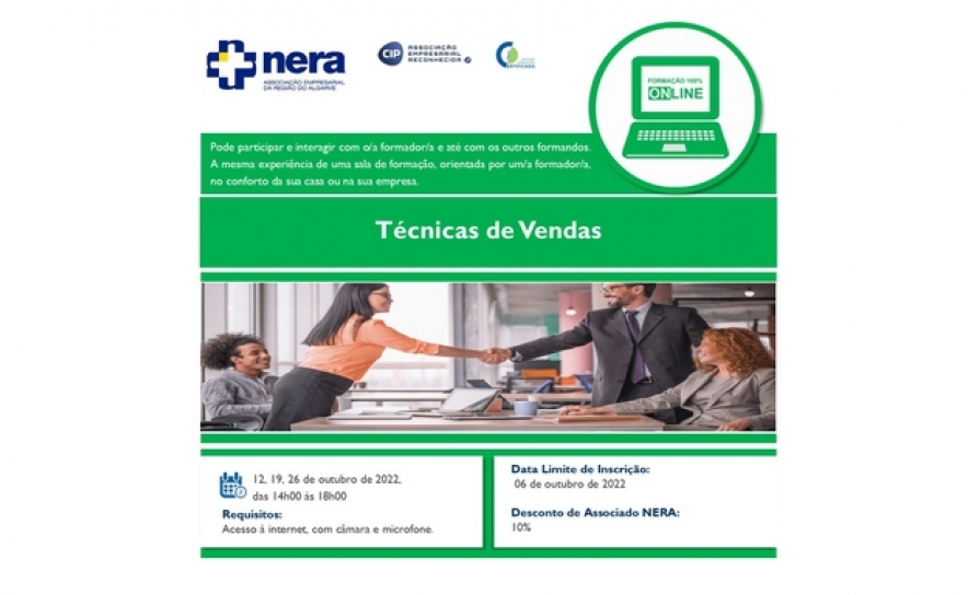 ÚLTIMAS INSCRIÇÕES: Formação Online - Ação de Formação: Técnicas de Vendas ÚLTIMAS INSCRIÇÕES: Formação Online - Ação de Formação: Técnicas de Vendas